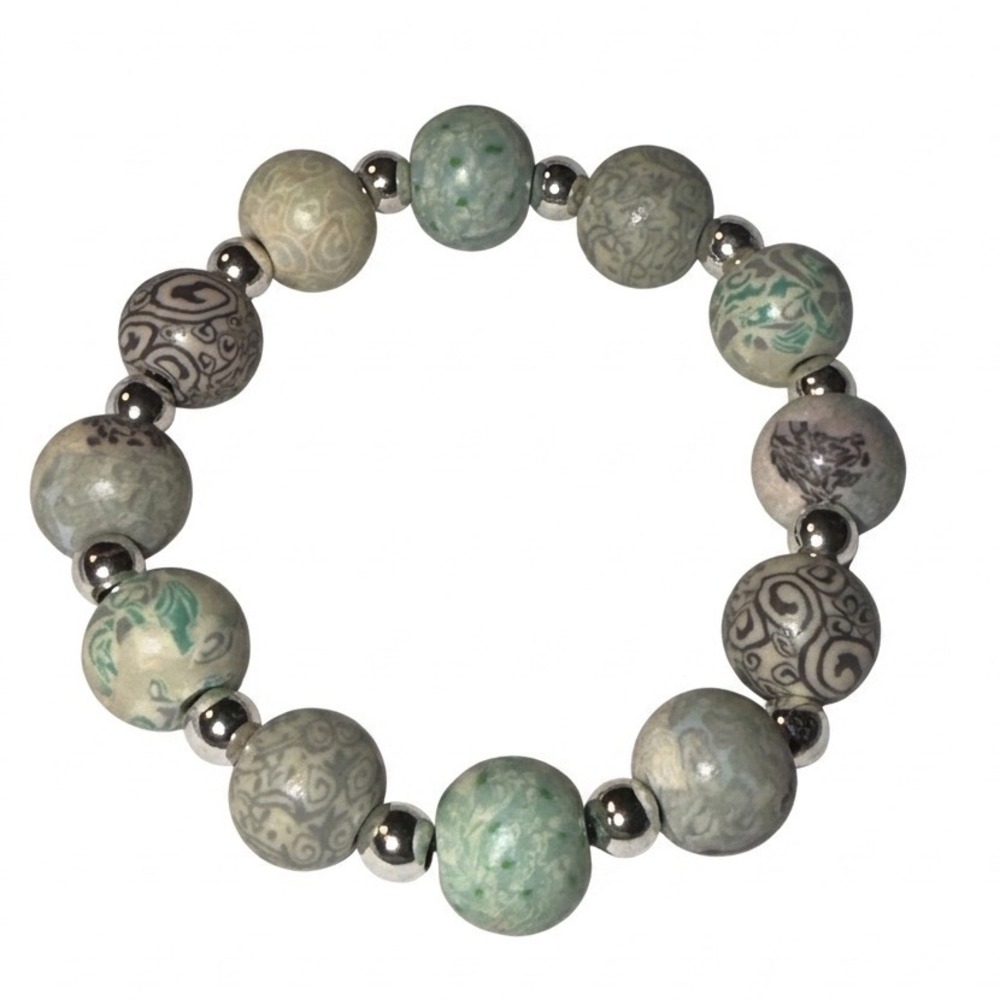 Viva Artisan Clay‎ Beaded Stretch Bracelet Sage Green Swirl Boho Jewelry Artsy